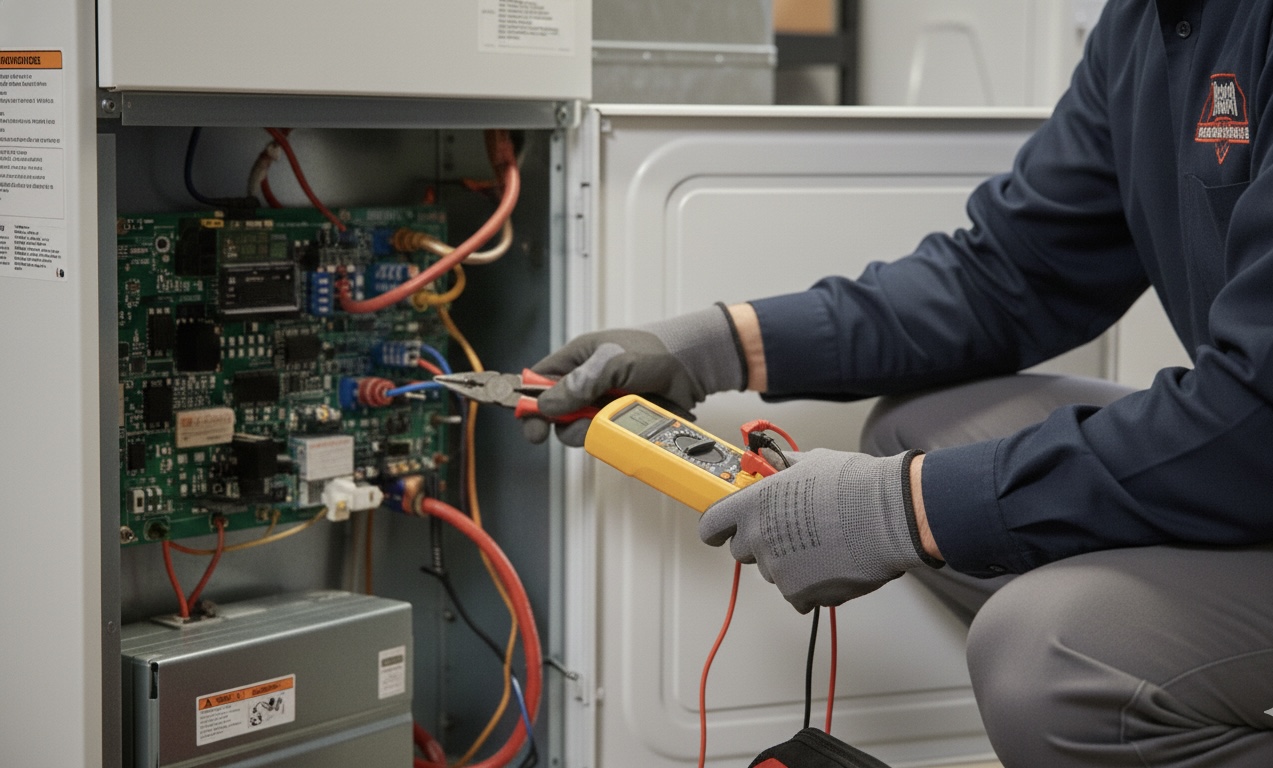 EZ Air HVAC technician performing diagnostics on a Dallas home system